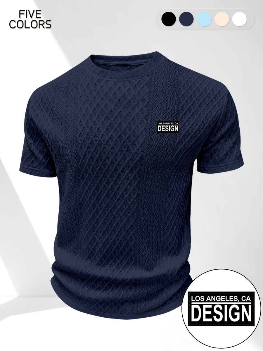Men's Summer Casual Premium Textured Crew Neck Short Sleeve T-Shirt, Trendy Printed Pattern Design, Comfortable and Breathable Textured Fabric, Suitable for Outdoor Vacations and Daily Wear - Navy Color