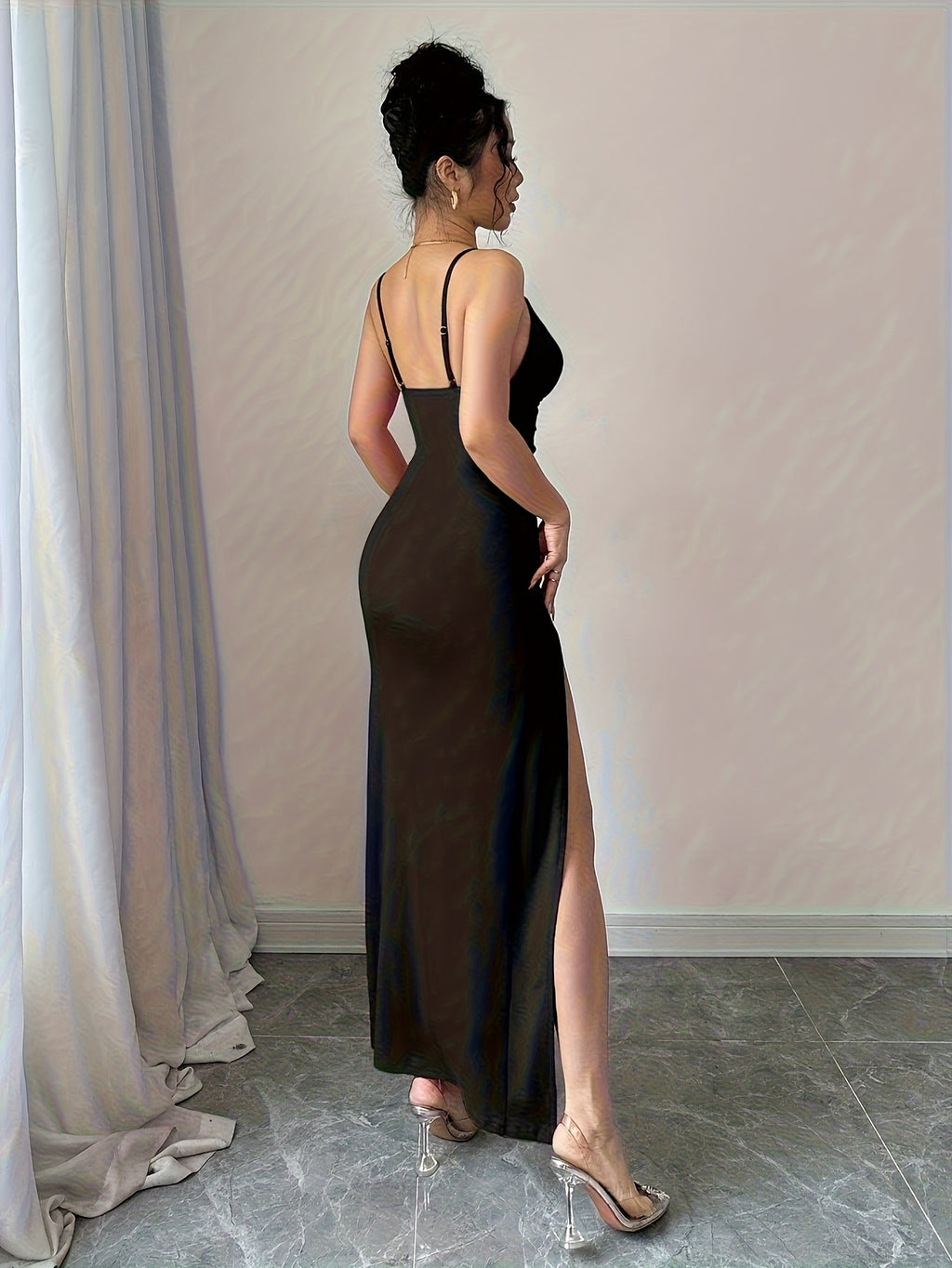 Women'S Spring/Autumn Solid Color Sexy Elegant Vacation Waist Hollow High Slit Backless Off-Shoulder Camisole Bodycon Long Dress - Black