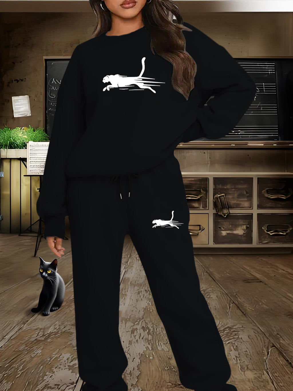 Women'S Casual Fleece-Lined Sweatshirt with a Round Neck And Matching Elastic Sports Pants Featuring a Leopard Print Design, Perfect for Autumn And Winter - Black
