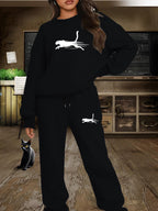 Women'S Casual Fleece-Lined Sweatshirt with a Round Neck And Matching Elastic Sports Pants Featuring a Leopard Print Design, Perfect for Autumn And Winter - Black