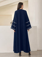 Women'S Floral Embroidery Long Sleeve Open Front Loose Arab Robe (Scarf Not Included) - Navy Color