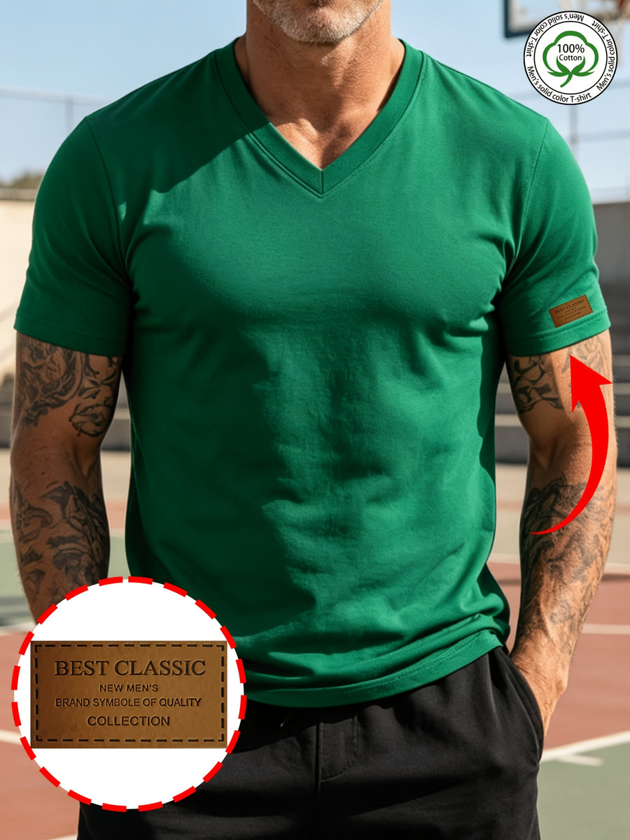 100% Cotton Men's Pure Cotton Casual V-Neck Solid Color Short Sleeve Shirt, Zhangzi Design Basic Classic Style, Breathable and Smooth, Versatile Top for Business Layering, Outings, Shopping, or Sports - Green
