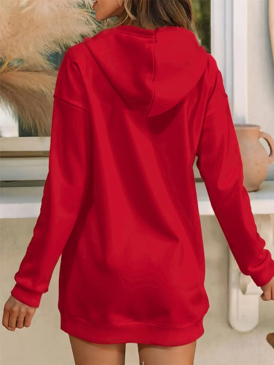 Women'S Casual Hooded Sweatshirt Dress, Long Length Hoodie, Loose Comfortable Fit, Thin All-Season Wear, Breathable Non-Stuffy Fabric, Easy Printed Pattern, Red | Sky Blue | Black Available - Red
