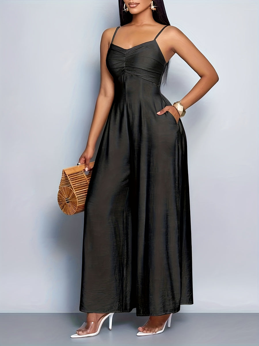 Women'S Draped Front Lace Up Backless Wide Leg Cami Jumpsuit | Elegant Solid Color, Sleeveless, Long Length, Suitable for Everyday Wear & Vacation - Black