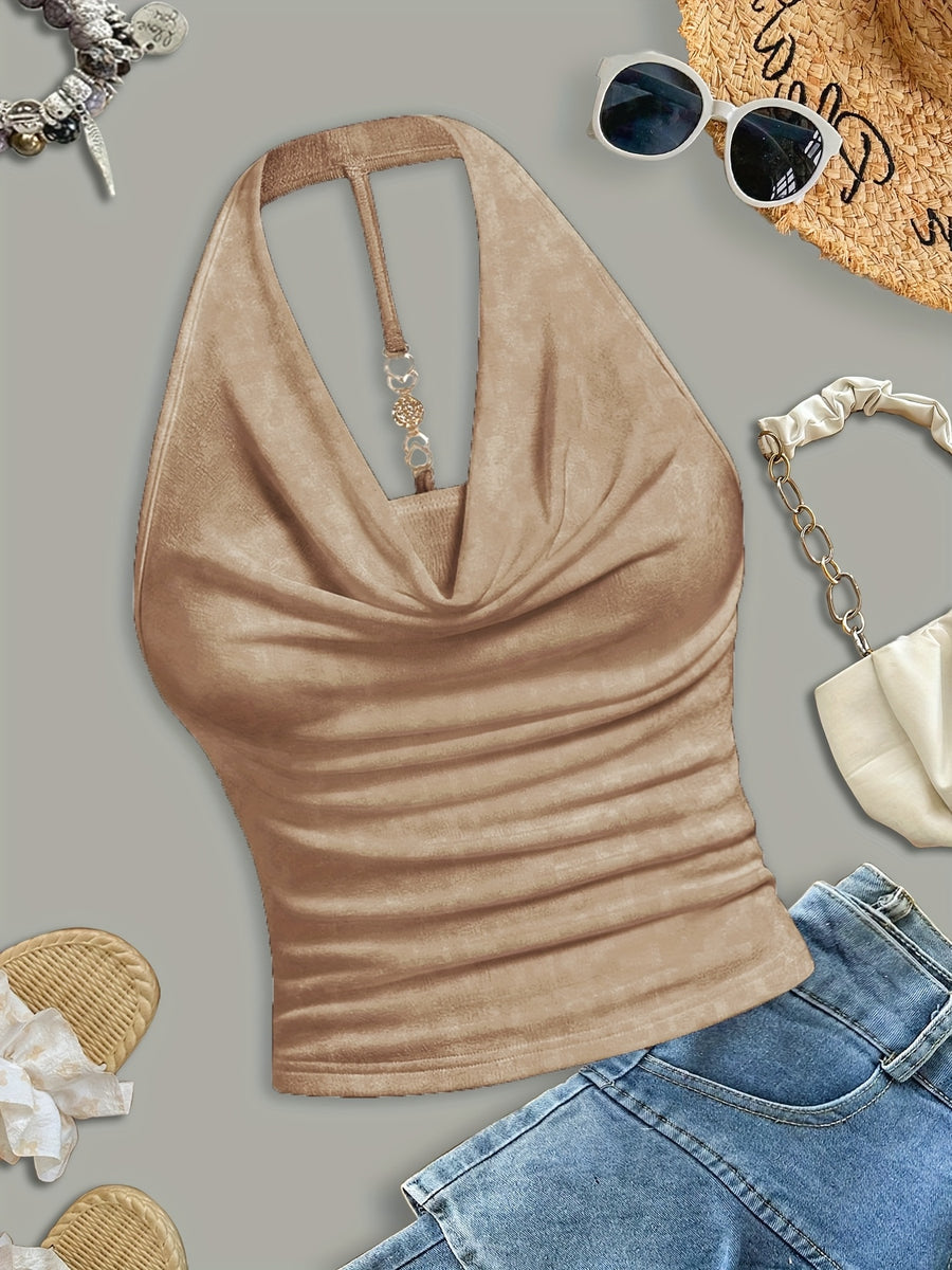 White Halter Neck Strapless Tank Top, Women's Solid Color Sexy Sleeveless Outerwear Top - Khaki