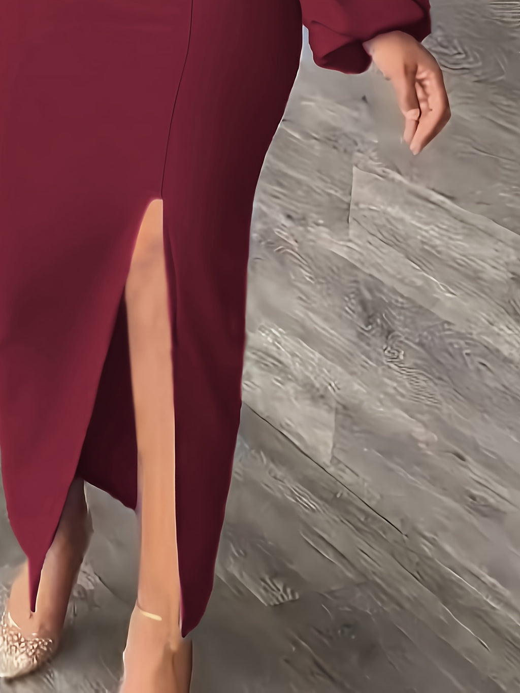 New European and American Style Fashion Slimming Split Long Sleeve Dress Trend - Burgundy