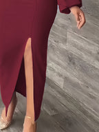 New European and American Style Fashion Slimming Split Long Sleeve Dress Trend - Burgundy