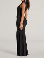 1pc Elegant High Neck Sleeveless Mermaid Dress for Women, Solid Color Knit Polyester Evening Gown with Side Slit, Bridal Party Attire - Black