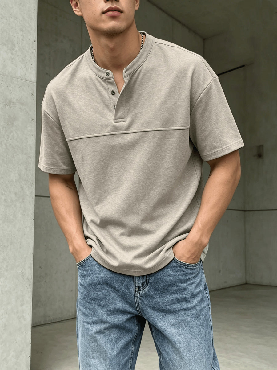 Men's Henry Collar Short-sleeve T-shirt, Three-button Half-placket Patchwork Design Top, Loose and Casual Solid Color for Summer, with an Adjustable Collar for a Simple yet Textured Look - Khaki