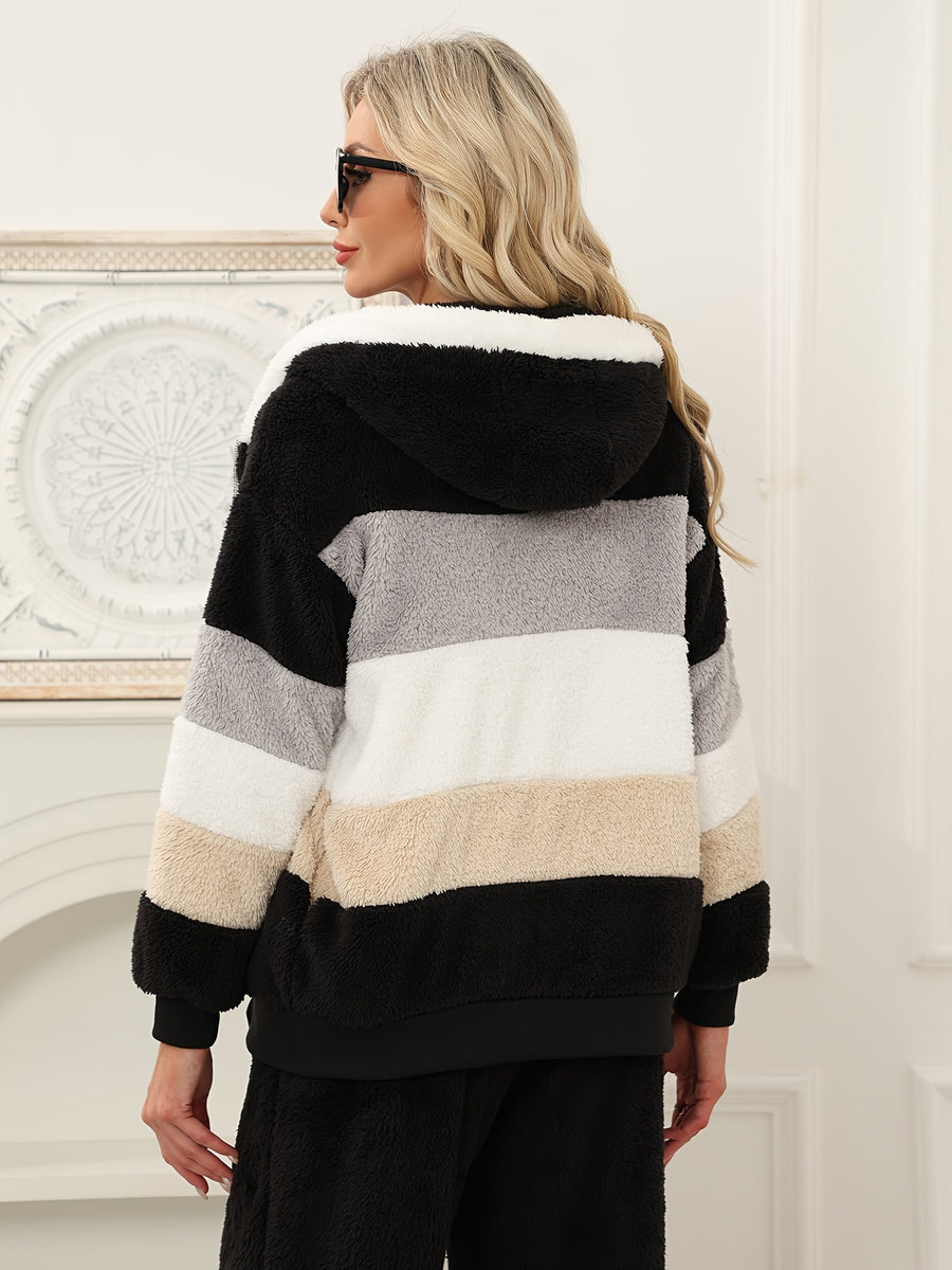Women's Fuzzy Hooded Jacket Color Block Zip-Up Coat Warm Outerwear with Pockets for Autumn Winter Casual Outdoor Wear - Black