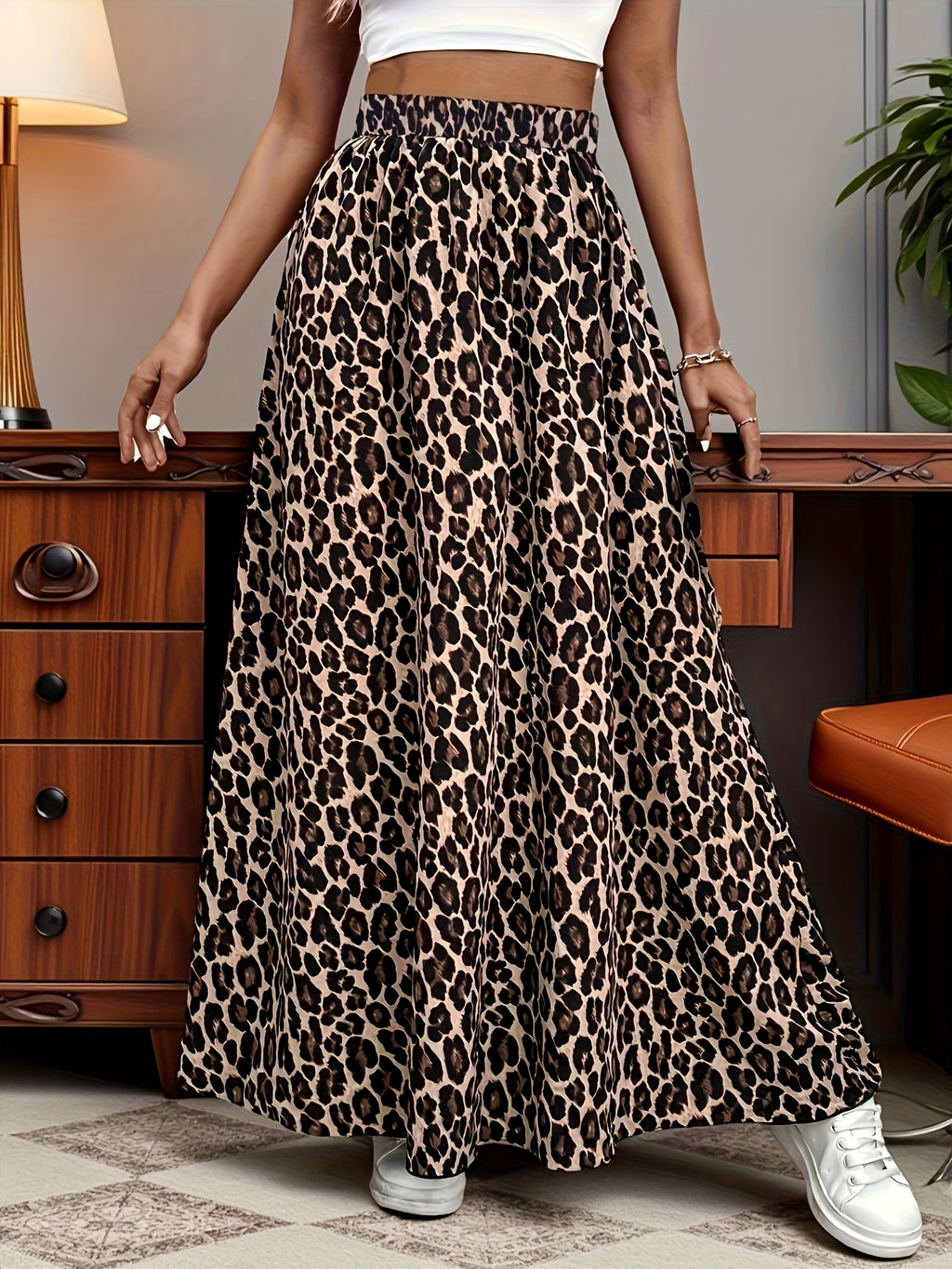 Elegant Leopard Print High-Waisted Maxi Dress for Women - Flowy Summer Casual Vacation Style, Machine Washable Polyester, Brown Print Design - Coffee Brown