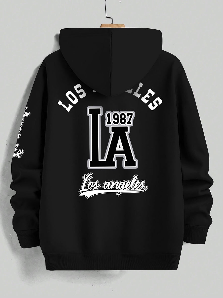 American Vintage Los Angeles Style Hoodie, High Street Fashion LOS ANGELES Trendy Sweatshirt for Men - Black
