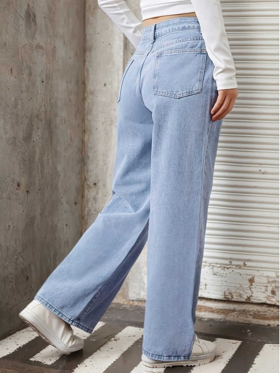 Women's Light Blue Non-Stretch Casual Versatile Loose-Fit Simple Straight-Leg Jeans, Suitable for All Seasons - Light Blue