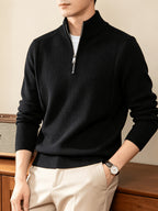 Du Jing Lan OBM Spring/Autumn New Arrival Men's Knitted Pullover, Old Money Style Solid Color Half-Open Placket Stand Collar Long Sleeve Knitted Pullover, Men's Business Casual Fashion Ribbed Sweater, Suitable for Layering or Wearing as an Inner - Black