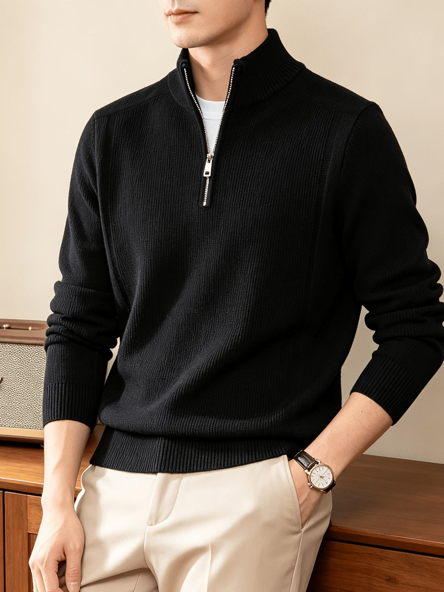 Du Jing Lan OBM Spring/Autumn New Arrival Men's Knitted Pullover, Old Money Style Solid Color Half-Open Placket Stand Collar Long Sleeve Knitted Pullover, Men's Business Casual Fashion Ribbed Sweater, Suitable for Layering or Wearing as an Inner - Black