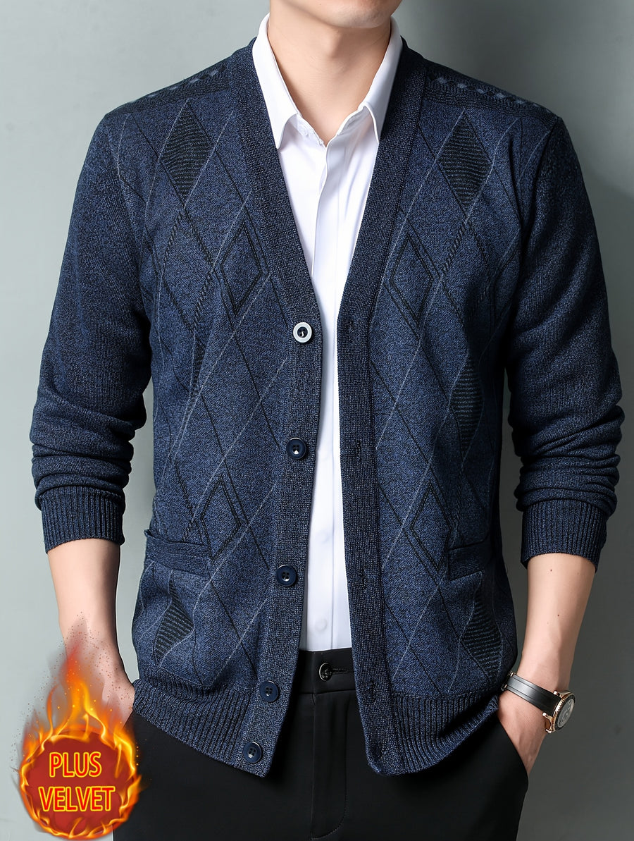 Men'S Winter Sweater, Winter Coat, Fleece-Lined And Thickened V-Neck, Fully Buttoned Cardigan, Easy Outfit, Men'S Gift, Suitable for Outdoor Travel, Mountaineering, Daily Outings, Commuting And Office Wear, Etc, Autumn Essentials - Navy Color