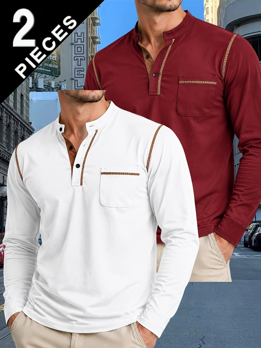 2pcs Men'S Autumn Winter Stand-Collar Long Sleeve Henley Shirts, Contrast Color Pinstripe Polo Shirts with Pockets, Soft And Breathable Sweat-Absorbing, Business Casual Basic Long Sleeve Top, Skin-Friendly Soft Fabric Comfortable, Sweat-Resistant - Light White+Wine Red