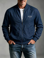 Spring Summer Linen Washed Pleated Baseball Collar Jacket Men'S MILANO Letter Print Thin Breathable Coat Middle-Aged Dad Loose Zipper Cardigan Multi-Color Versatile Commute Casual Outerwear Baseball Uniform Top, Transitional Bomber Jacket - Navy Color