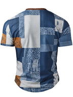 Men's Fashion Top, Spring/Summer Casual 3D Digital Waffle Print Crew Neck Single-Breasted Button Short Sleeve Henley Shirt - Blue