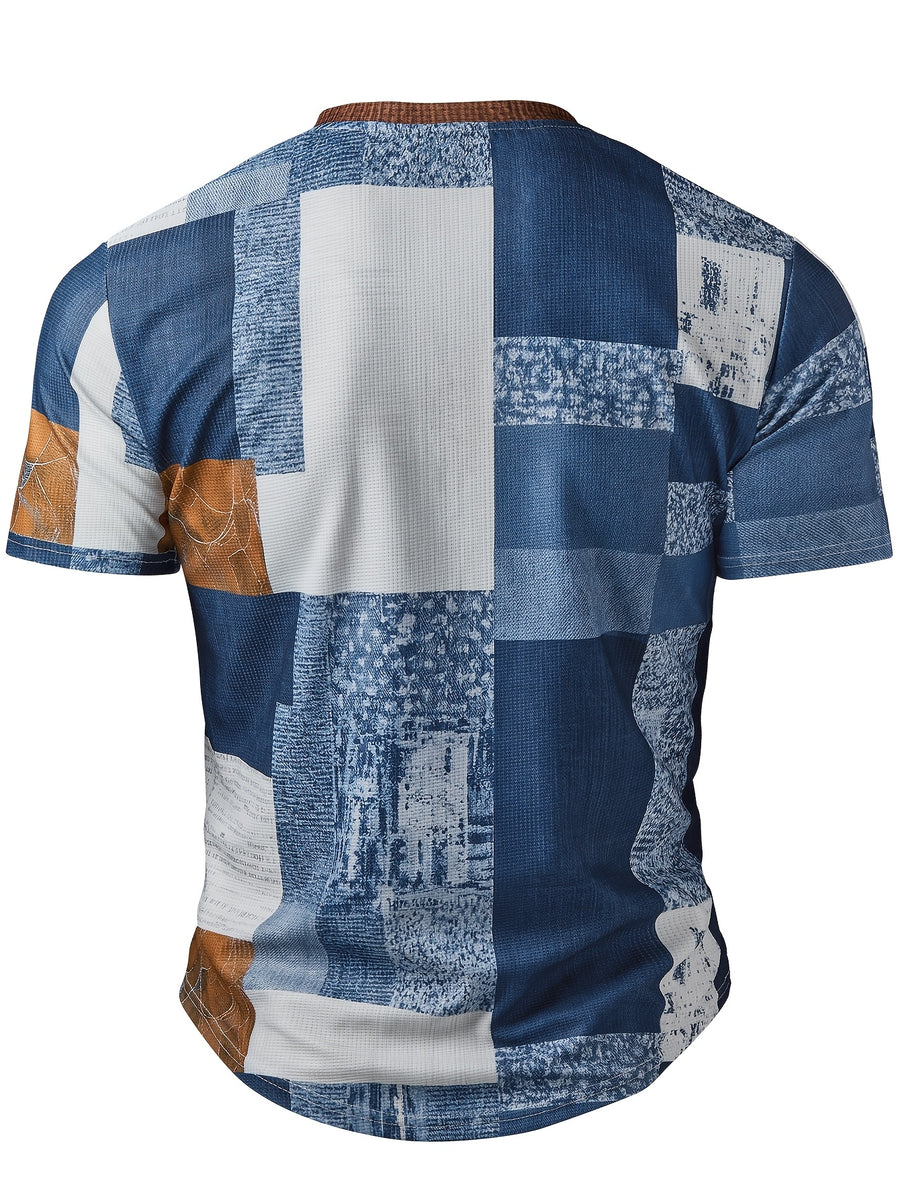 Men's Fashion Top, Spring/Summer Casual 3D Digital Waffle Print Crew Neck Single-Breasted Button Short Sleeve Henley Shirt - Blue