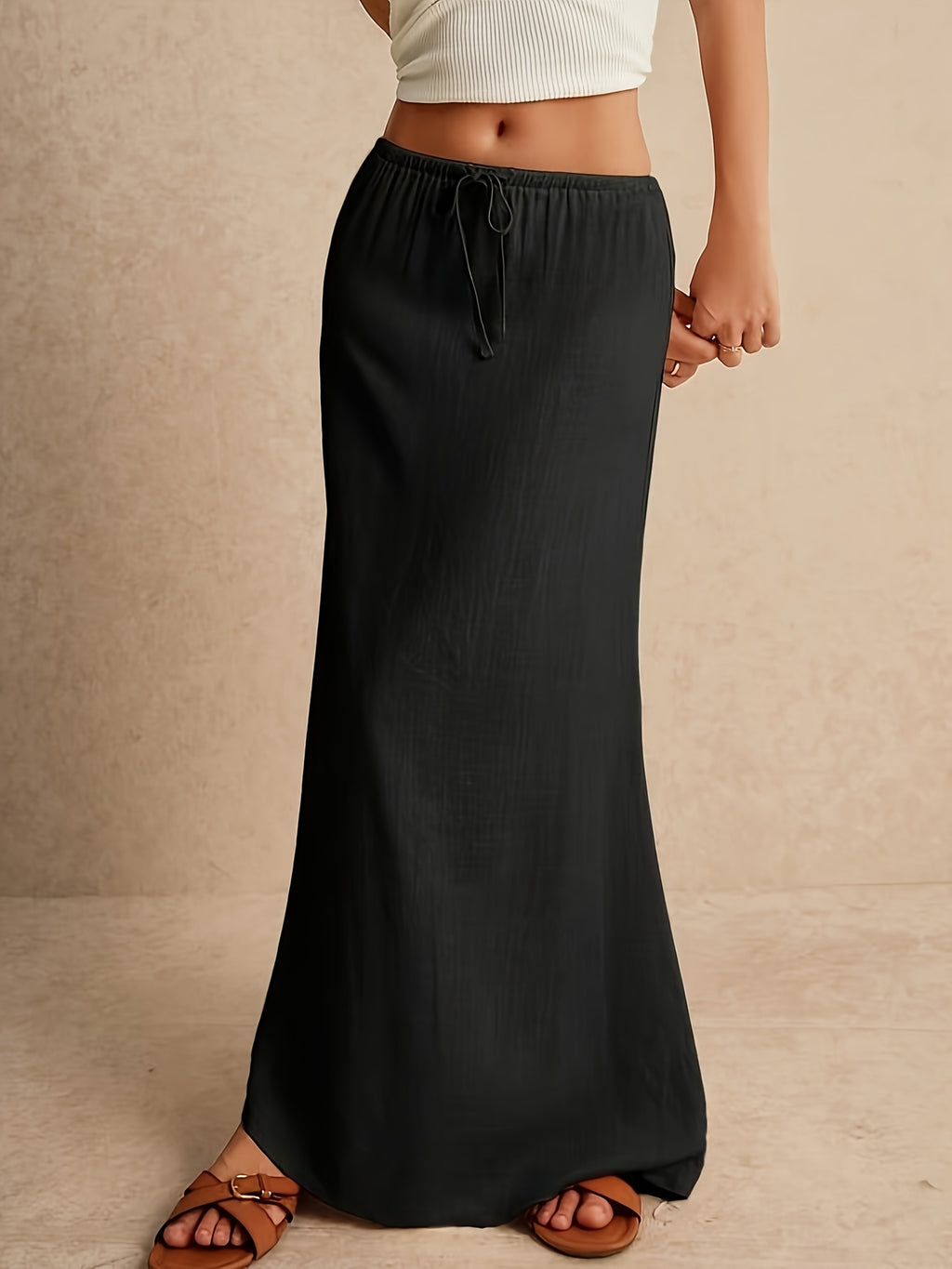 WY260406187 Women's Bamboo Joint Fishtail Skirt, Solid Color Simple Drawstring Skirt, Stylish All-Season Versatile Style, Suitable for Casual and Formal Outfits - Black