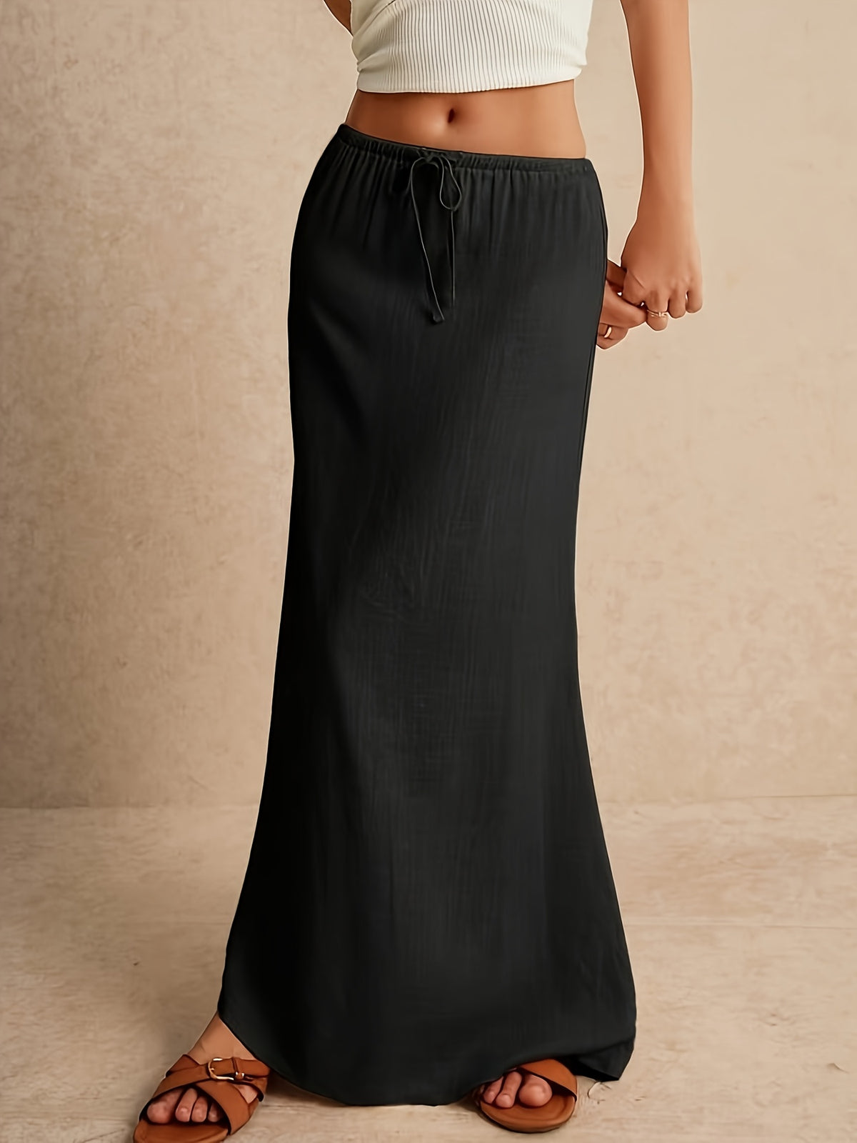 WY260406187 Women's Bamboo Joint Fishtail Skirt, Solid Color Simple Drawstring Skirt, Stylish All-Season Versatile Style, Suitable for Casual and Formal Outfits - Black
