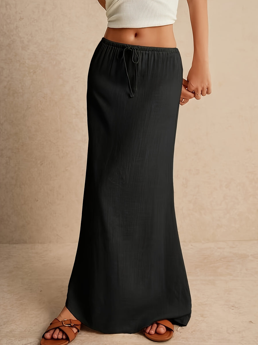 WY260406187 Women's Bamboo Joint Fishtail Skirt, Solid Color Simple Drawstring Skirt, Stylish All-Season Versatile Style, Suitable for Casual and Formal Outfits - Black