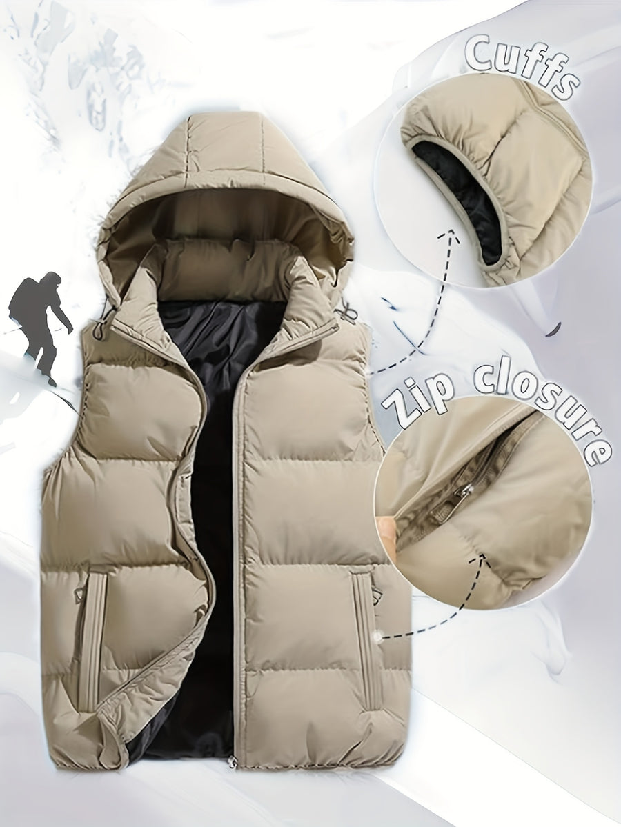 Men'S Autumn Winter Solid Color Vest, Outdoor Casual Fashion Thickened Waistcoat, Quilted Casual Warm Jacket with Removable Hood, Zippered Pockets, Men'S Cold Weather Jacket Top. Suitable for Multi-Scene Wear - Khaki