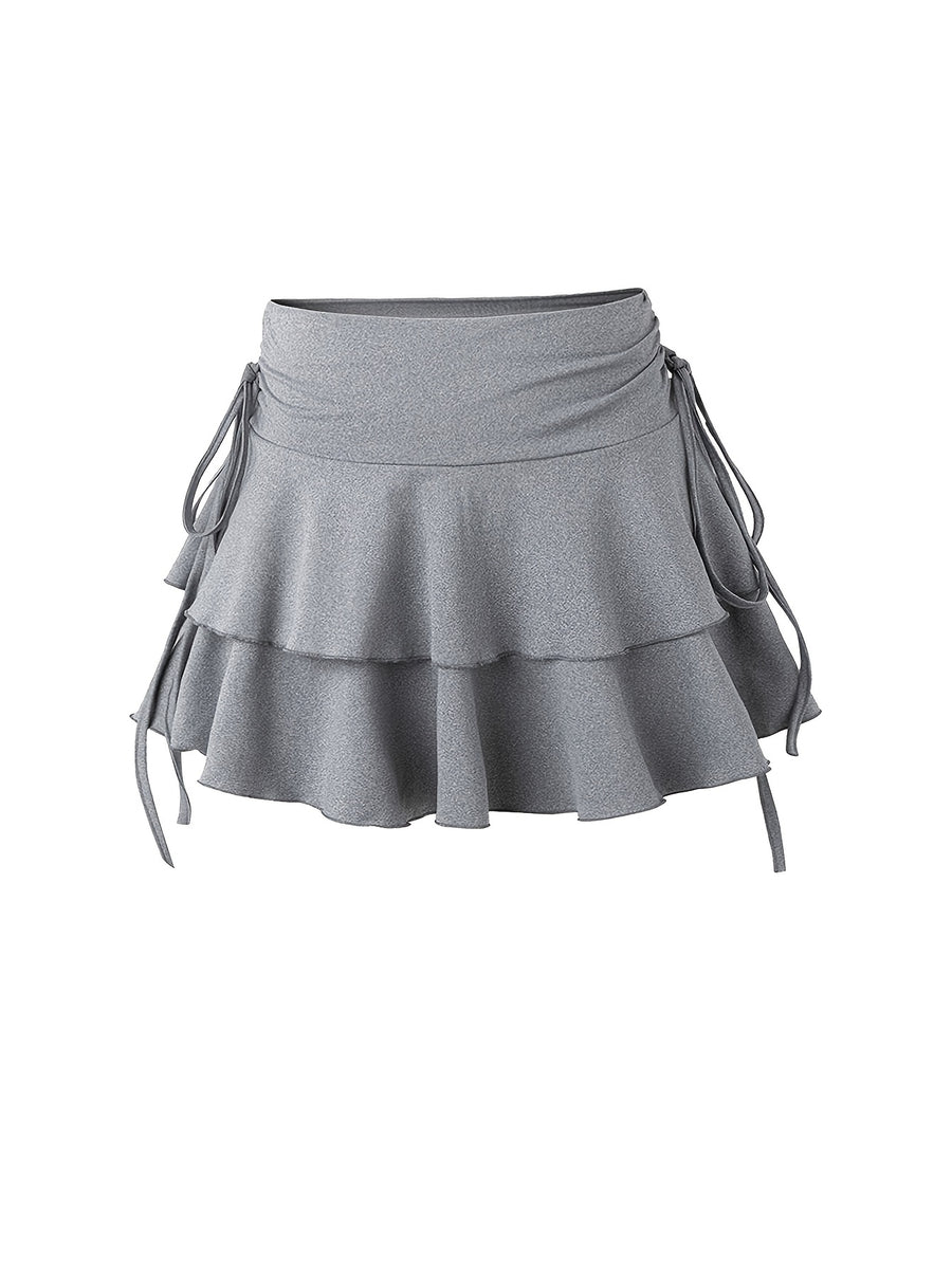 3pcs Set New Women'S Fashion Half Skirt with Ruffle Drawstring Elastic Short Skirt - Black And White Gray