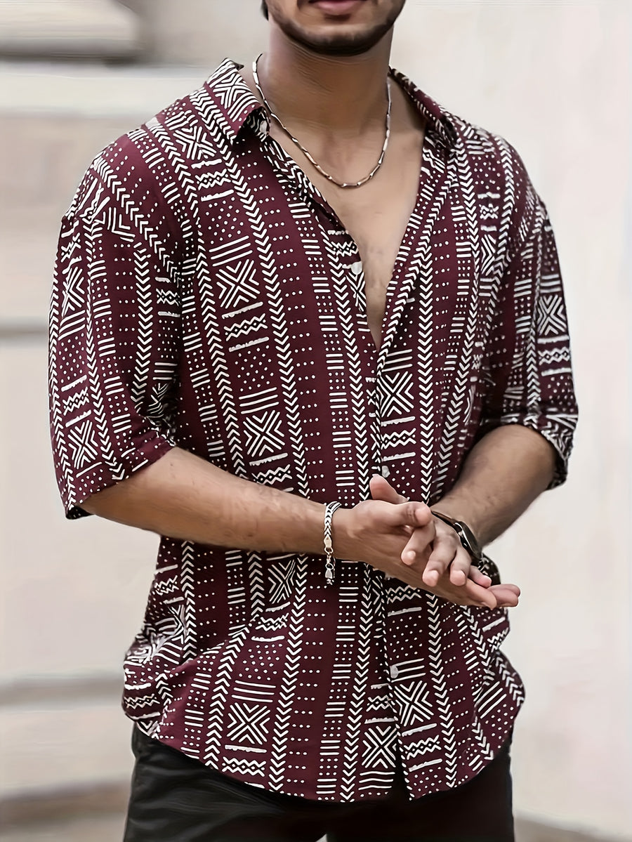 Men's Ethnic Print Shirt, Suitable for Vacation Scenes, Comfortable Polyester Fabric - The color of rouge