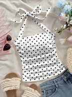 Women's Fashion Casual Floral Black Polka Dot Pattern Halter Neck Cropped Bodycon Tank Top for Summer Vacation - Ivory White