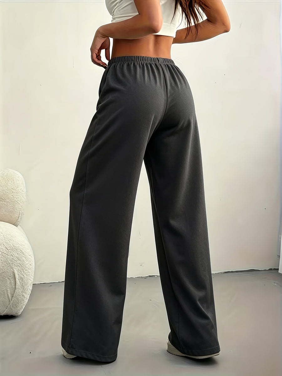 Lazy Style Solid Wide-Leg Pants Women'S High-Waist Drapey Floor-Length Trousers Versatile Casual Sweatpants - Dark Gray