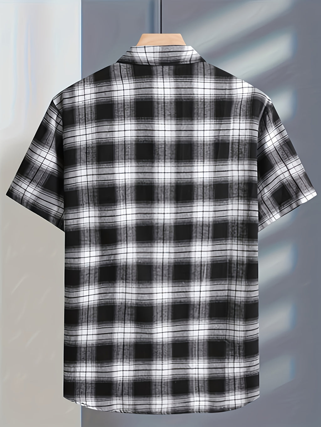 Men's Casual Plaid Button-Up Shirt - Short Sleeve, Black & White Polyester Fabric, Classic Collar, Machine Washable, Perfect for Casual Attire, Versatile Layering Piece | Classic Plaid Shirt | Mandarin Collar Shirt - Black