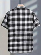 Men's Casual Plaid Button-Up Shirt - Short Sleeve, Black & White Polyester Fabric, Classic Collar, Machine Washable, Perfect for Casual Attire, Versatile Layering Piece | Classic Plaid Shirt | Mandarin Collar Shirt - Black