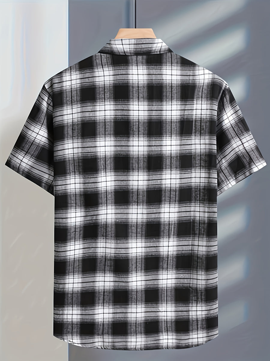 Men's Casual Plaid Button-Up Shirt - Short Sleeve, Black & White Polyester Fabric, Classic Collar, Machine Washable, Perfect for Casual Attire, Versatile Layering Piece | Classic Plaid Shirt | Mandarin Collar Shirt - Black