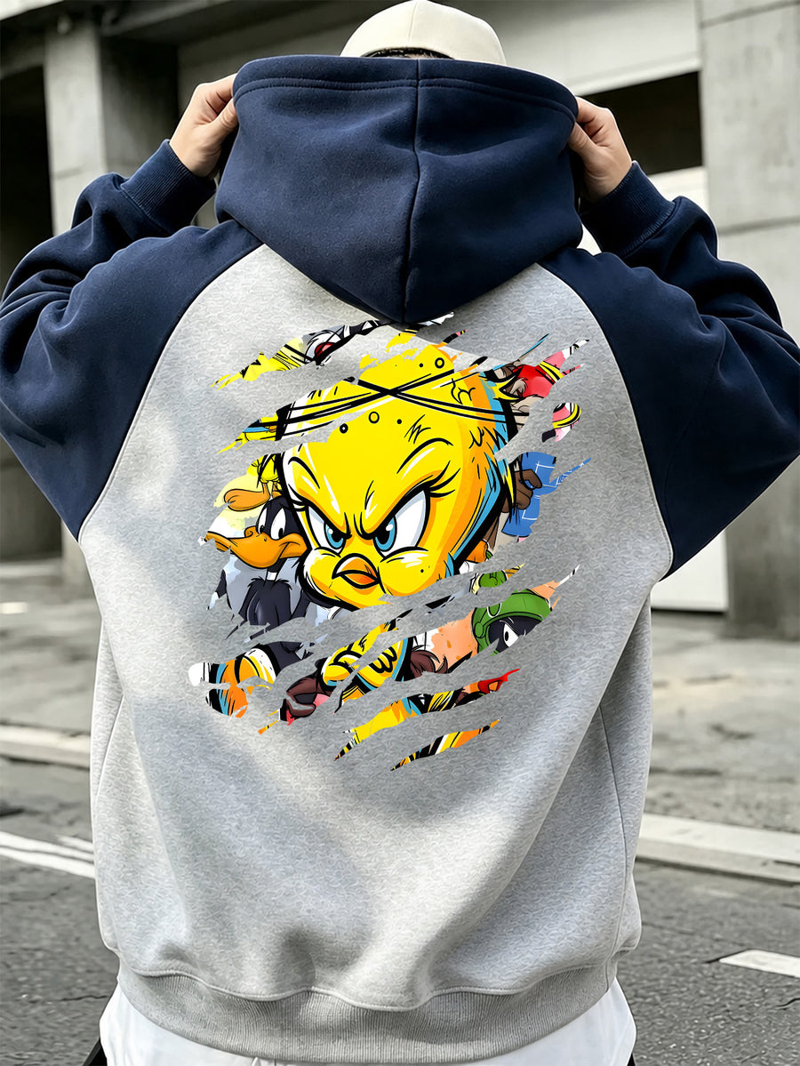 Men'S Color-Block Shoulder Ripped Zipper Hooded Sweatshirt, Tear-Away Style Cui Di Bird Cartoon Front-Back Print, Men'S Trendy Cardigan Hoodie, Loose Outerwear, Pocket Design, Comfortable, Casual, Commute, Vacation, Premium, Couple Style, Student - Navy Color