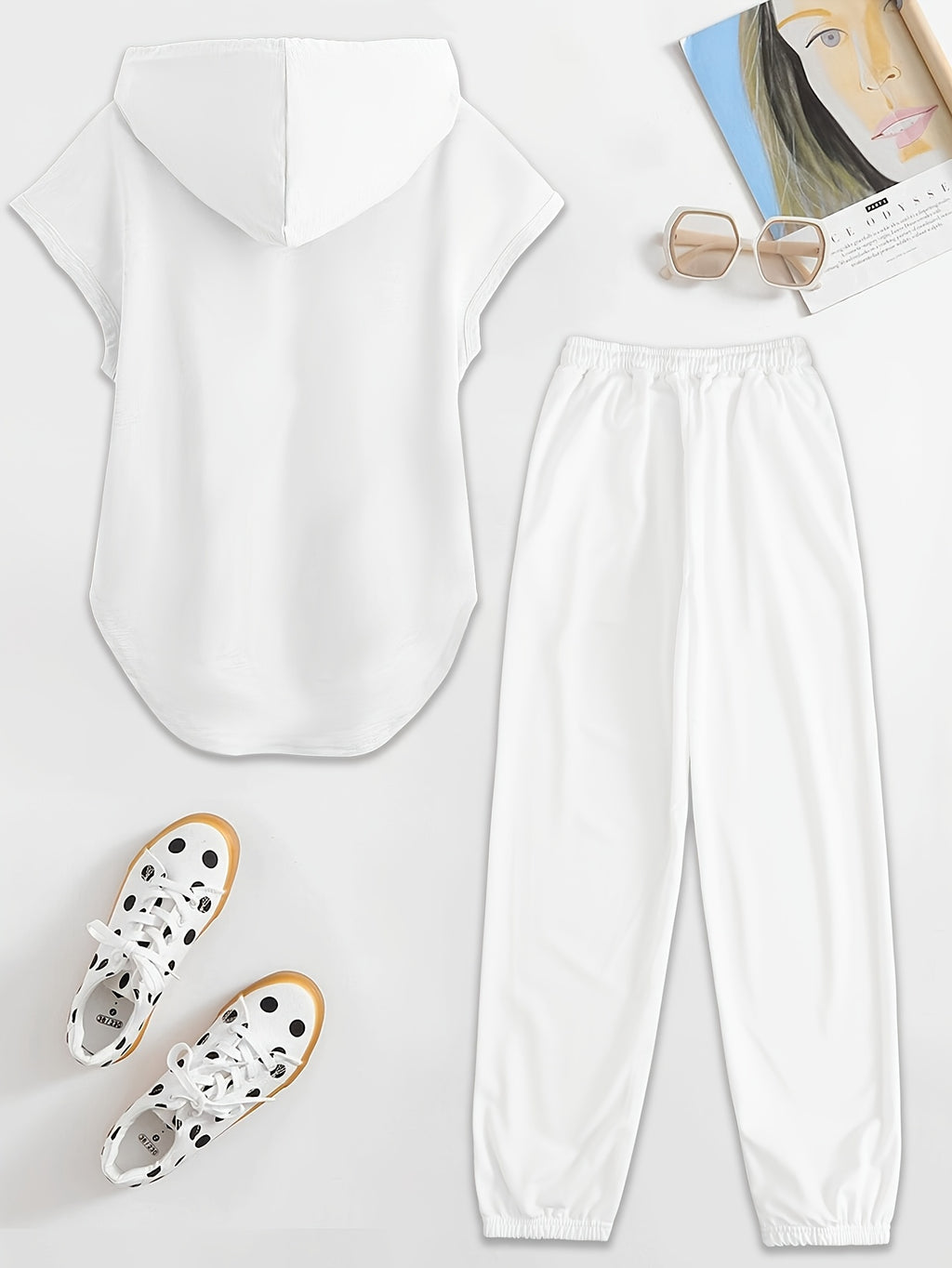 Women'S Two-Piece Drawstring Sleeveless Hooded Top And Summer Letter Print Pants, Elastic Waist Casual Pants, Pants Set - White