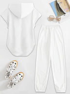 Women'S Two-Piece Drawstring Sleeveless Hooded Top And Summer Letter Print Pants, Elastic Waist Casual Pants, Pants Set - White