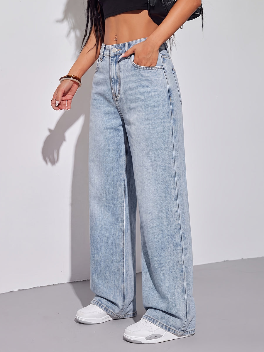 Women'S Light Blue High Waist Ripped Wide Leg Jeans Washed Straight Loose Casual Long Pants - Light Blue