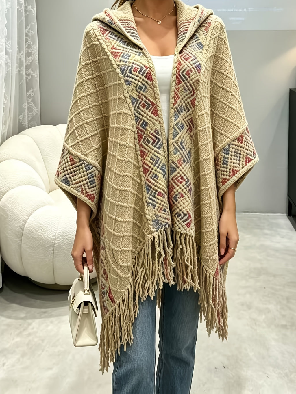 Plus Size, Women's Tops, Large-sized Cardigans, Posie-style Hooded Shawl Scarves, Fringed Cardigan Cloaks, Cardigan Coats, Pullover Tops, Women's Fashionable Outerwear for Spring, Autumn and Winter - Khaki