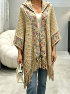 Plus Size, Women's Tops, Large-sized Cardigans, Posie-style Hooded Shawl Scarves, Fringed Cardigan Cloaks, Cardigan Coats, Pullover Tops, Women's Fashionable Outerwear for Spring, Autumn and Winter - Khaki