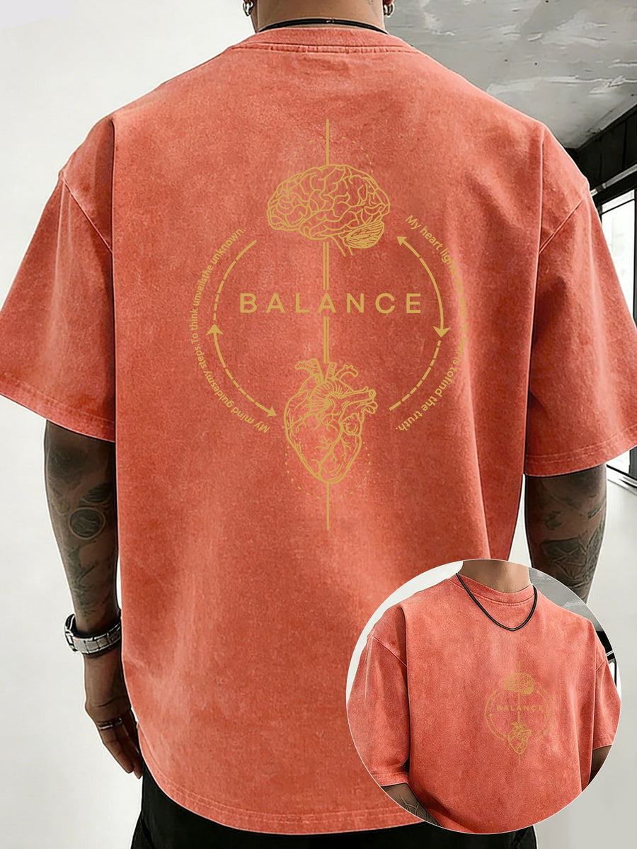 Men's 100% Cotton Washed Distressed Crew Neck Short-Sleeve T-Shirt, Balance Brain Heart Graphic Double-Sided Print, Trendy Loose Casual Tee Tops, 12 Colors Available - Orange
