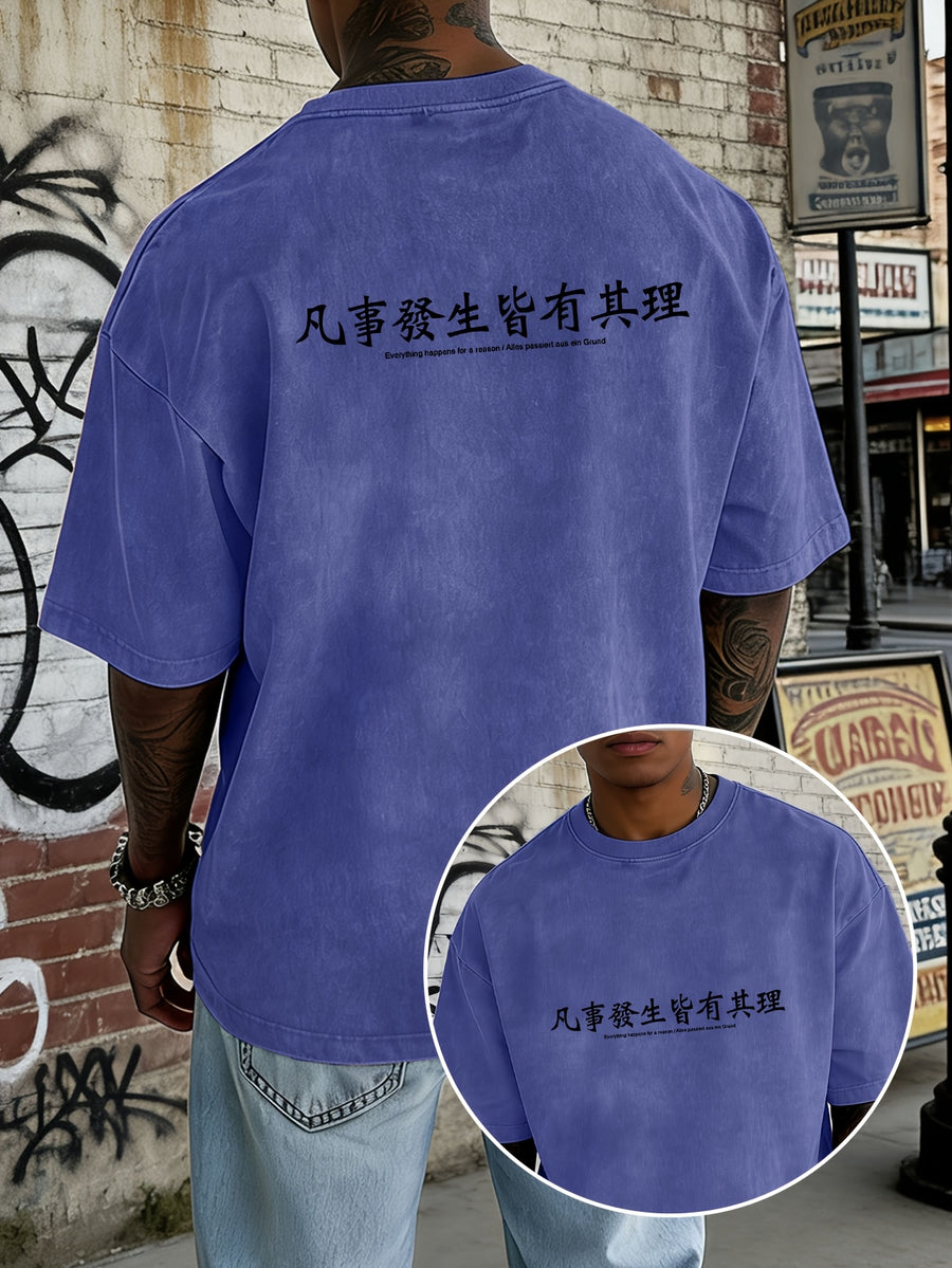 Men's Loose-Fit Washed Distressed Short-Sleeve Cotton T-Shirt Top, Trendy Reversible Double-Sided Print, 12 Colors for Mix & Match, Minimalist "Everything Happens for a Reason" Chinese Character & Foreign Language Combination Print, National Chic - Royal Blue