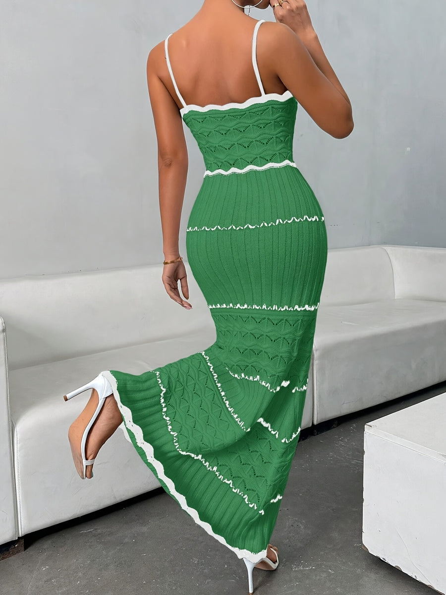 Spring And Summer New Casual Fashion Beach Vacation Slim Temperament Suspender Hollow Striped Backless Women'S Long Dress - Green
