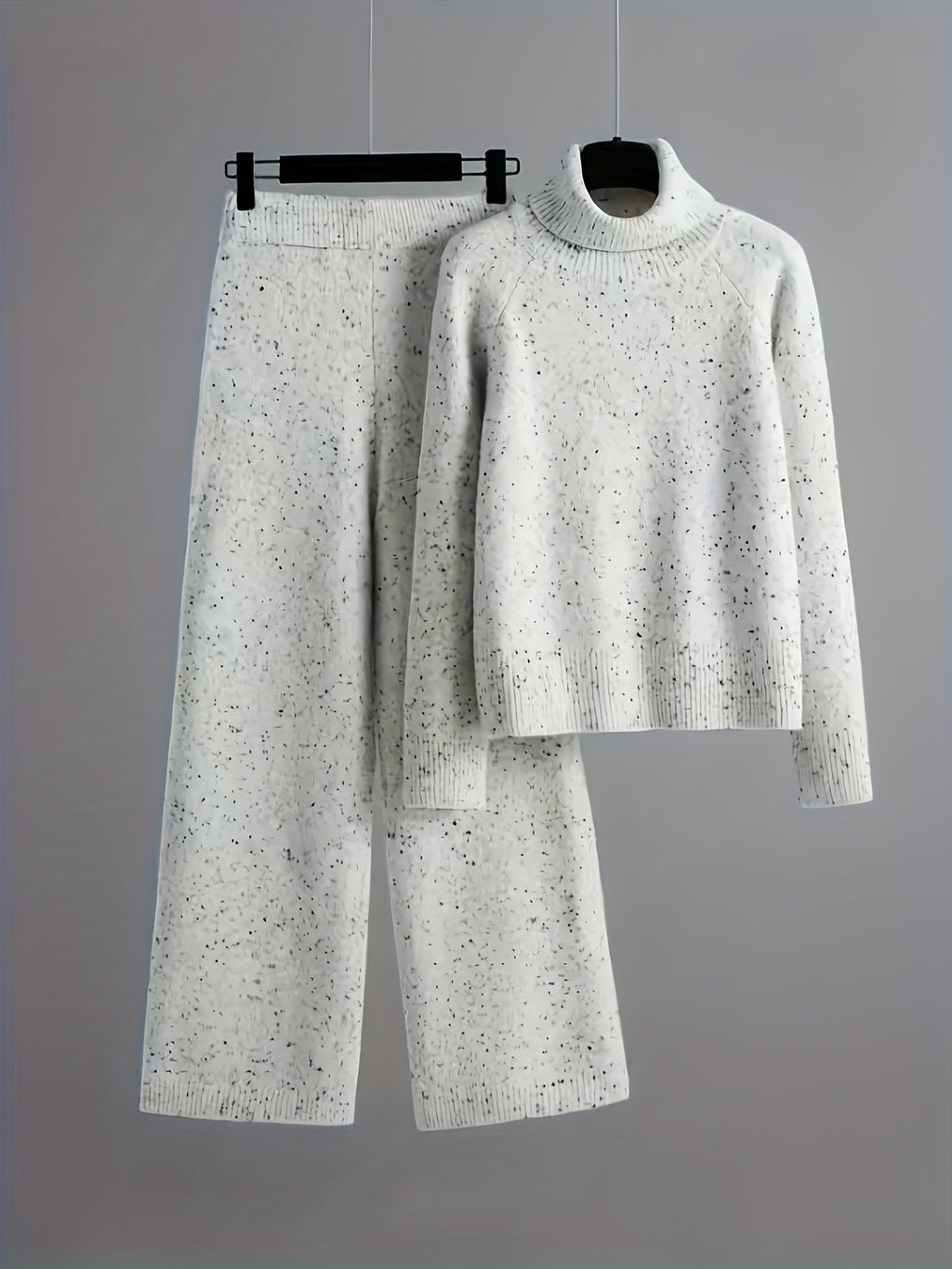 Elegant Women'S Suit - High-Neck Long Sleeve Sweater And Matching Pants, White with Black Polka Dots, Suitable for Autumn And Winter, from Casual to Formal, Comfortable Clothing Elegant Knitwear Blended Pants BK0828061 - Multicolor