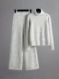 Elegant Women'S Suit - High-Neck Long Sleeve Sweater And Matching Pants, White with Black Polka Dots, Suitable for Autumn And Winter, from Casual to Formal, Comfortable Clothing Elegant Knitwear Blended Pants BK0828061 - Multicolor