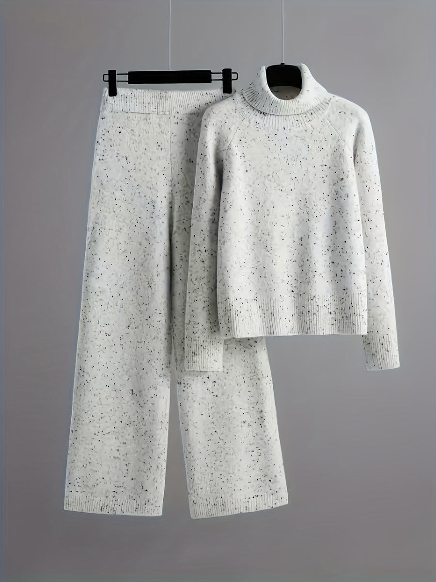Elegant Women'S Suit - High-Neck Long Sleeve Sweater And Matching Pants, White with Black Polka Dots, Suitable for Autumn And Winter, from Casual to Formal, Comfortable Clothing Elegant Knitwear Blended Pants BK0828061 - Multicolor