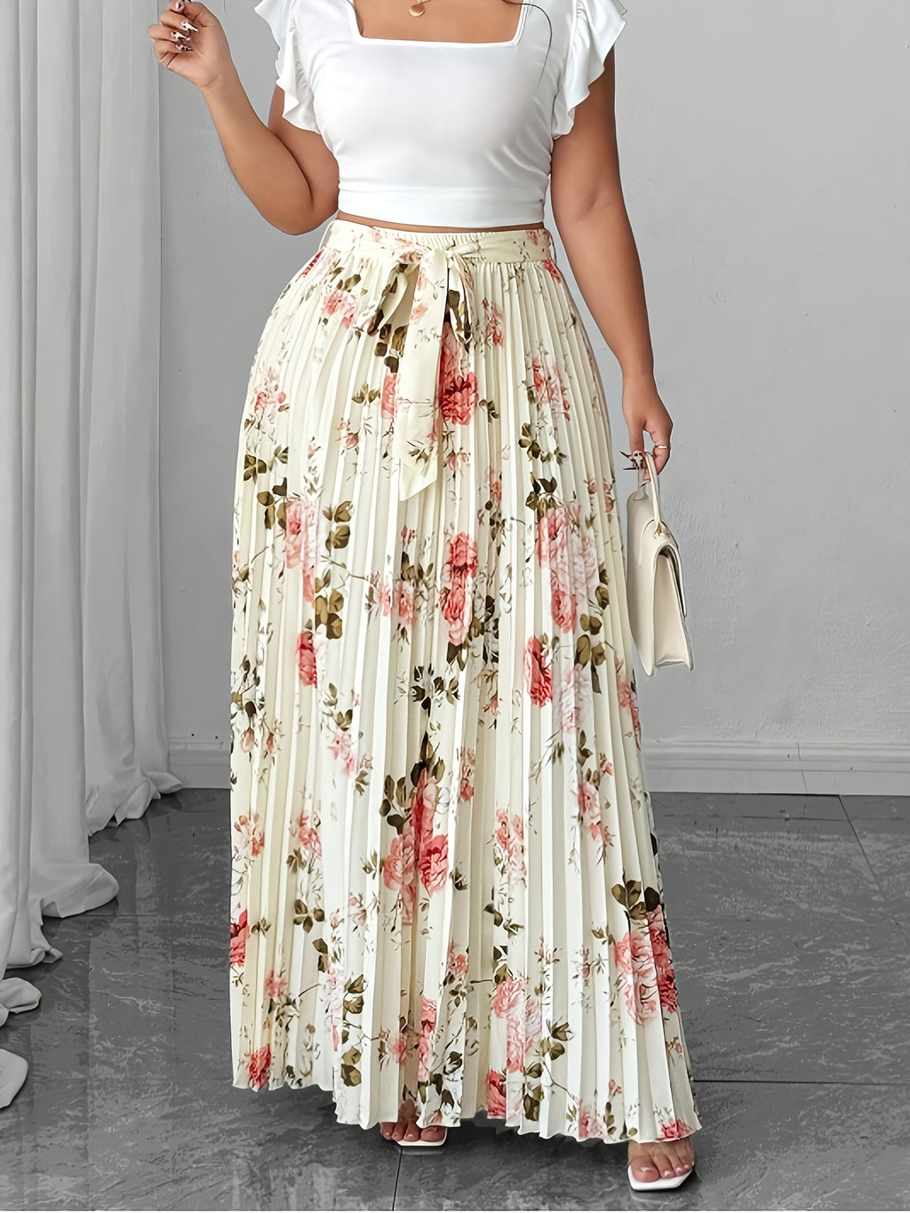 Elegant Printed Pleated Midi Skirt for Women, A-Line Silhouette with Vertical Ruffles, Formal & Casual Item Suitable for All Seasons, Suitable for Workplace, Parties, And Daily Occasions, Easy-Care Fashionable Bottoms - Multicolor