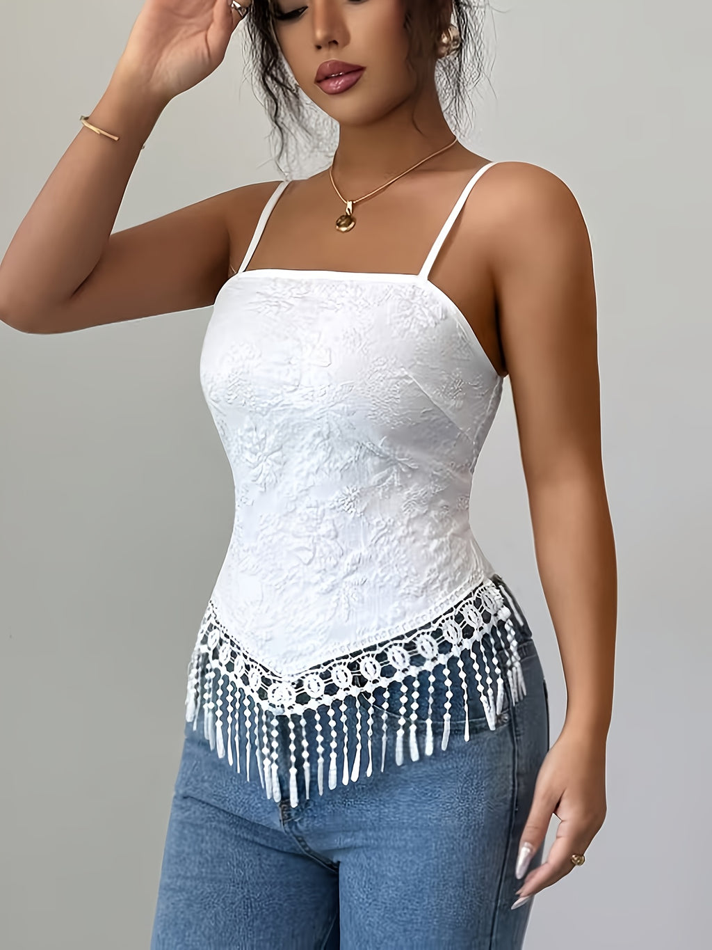 Elegant Solid Color Tassel Camisole - White
