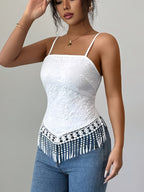 Elegant Solid Color Tassel Camisole - White